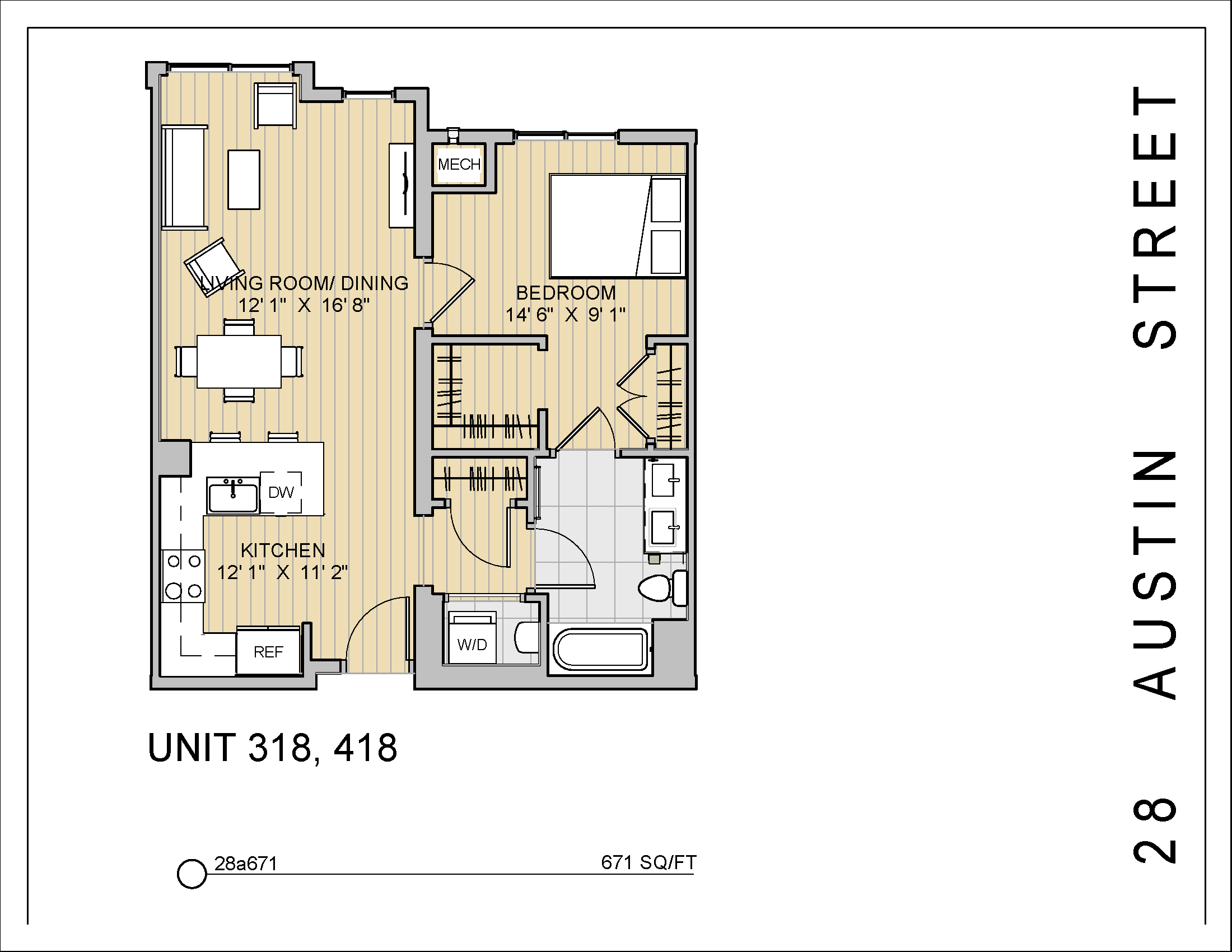 Floor plan for 1 bed, 1 bath, 671 sqft